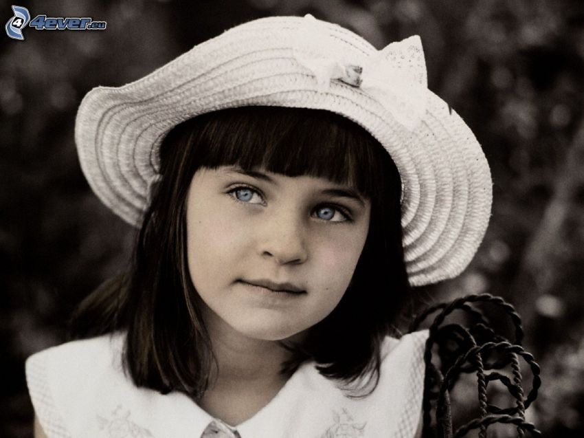 dziewczynka, kapelusz, czarno-białe zdjęcie