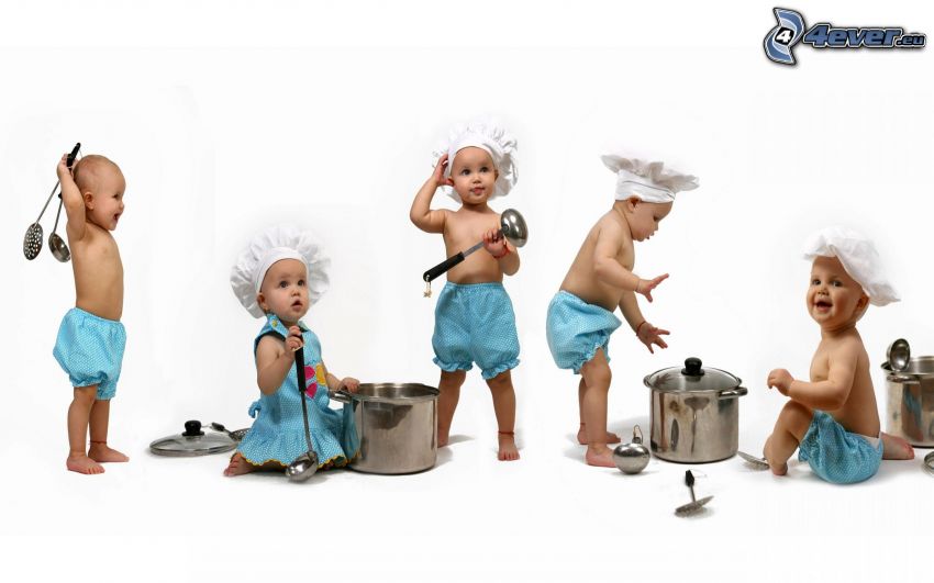 kucharze, niemowlaki, garnek, chochla, czapka