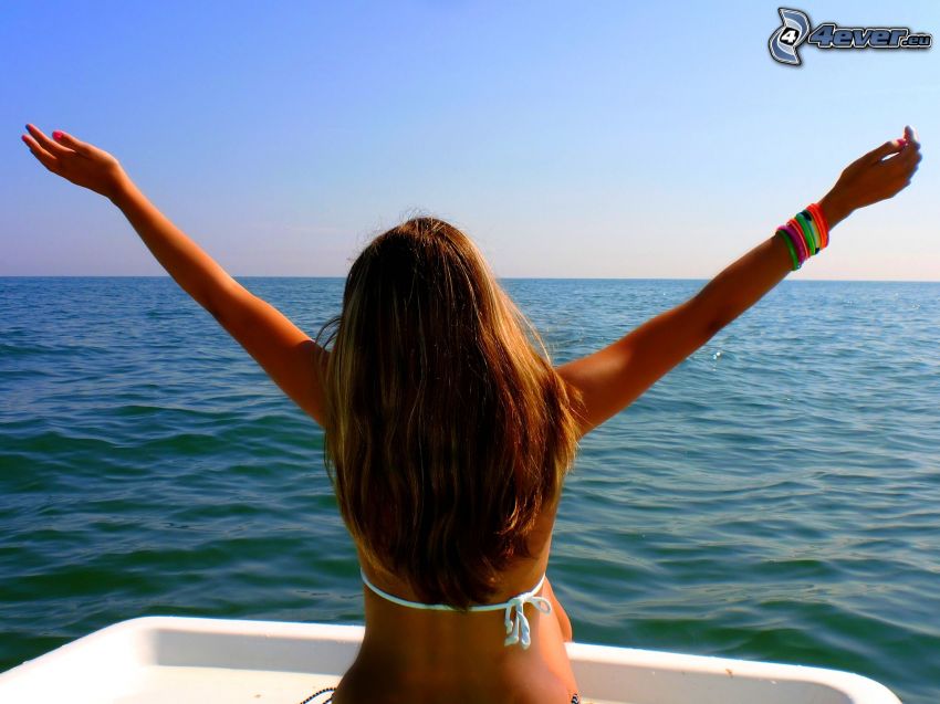 dziewczyna w bikini, jacht, włosy, morze, niebo
