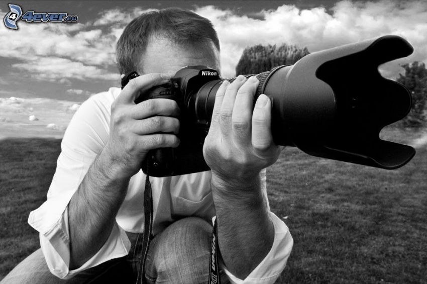 fotograf, aparat fotograficzny, Nikon, czarno-białe