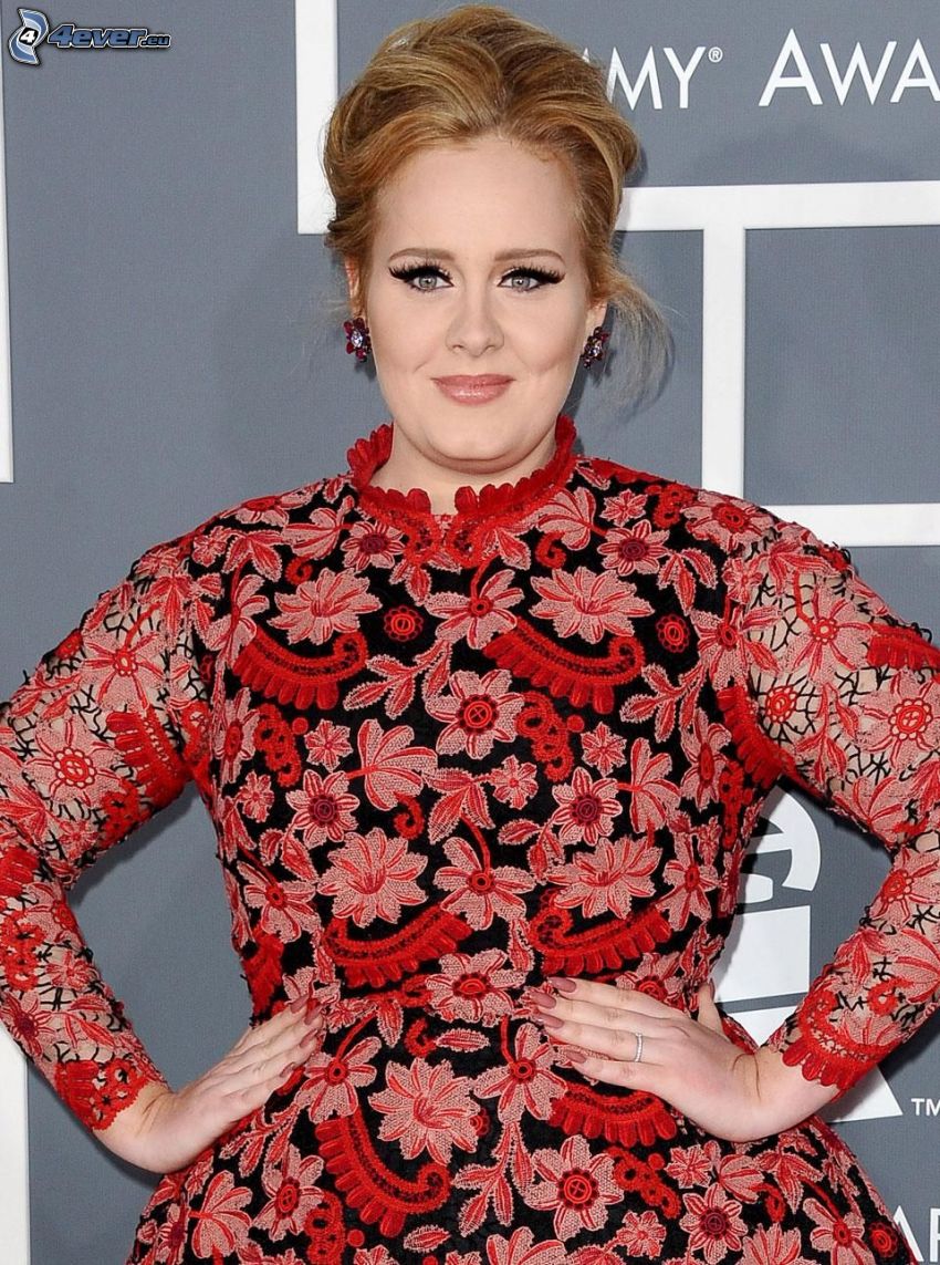 Adele, czerwona sukienka, sukienka w kwiaty