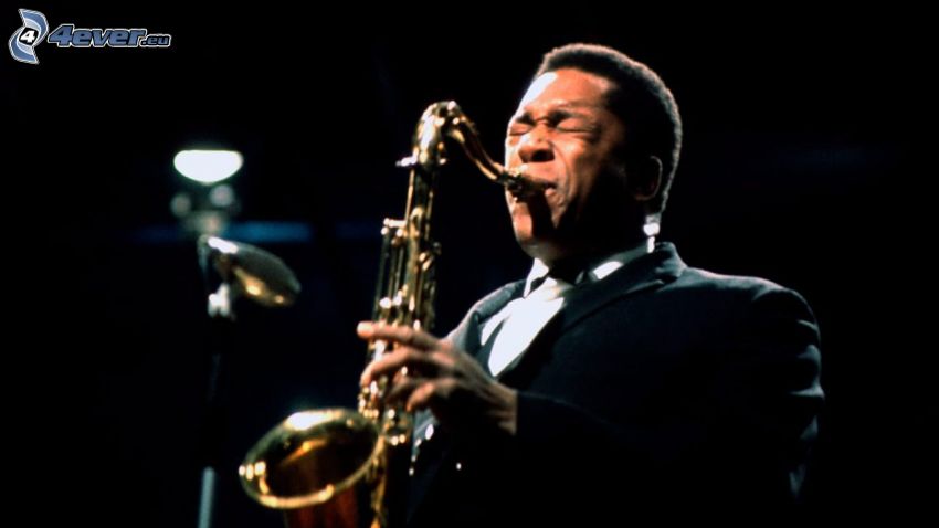 John Coltrane, saksofonista, czarno-białe zdjęcie