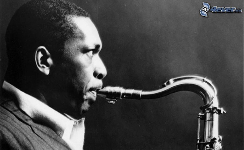 John Coltrane, saksofonista, czarno-białe zdjęcie