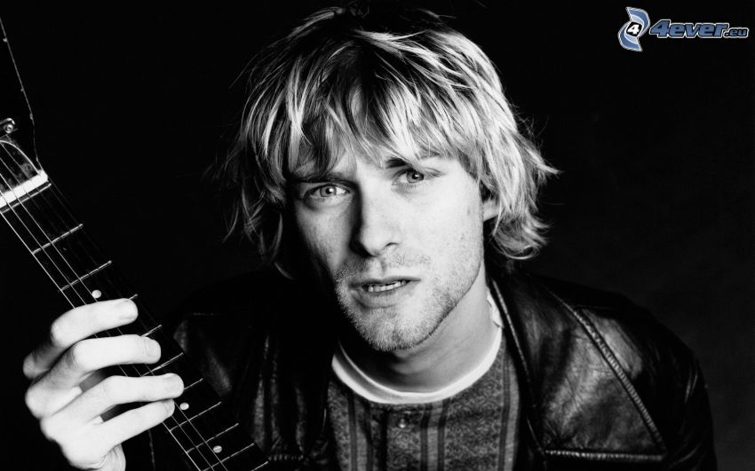 Kurt Cobain, gitara, czarno-białe zdjęcie
