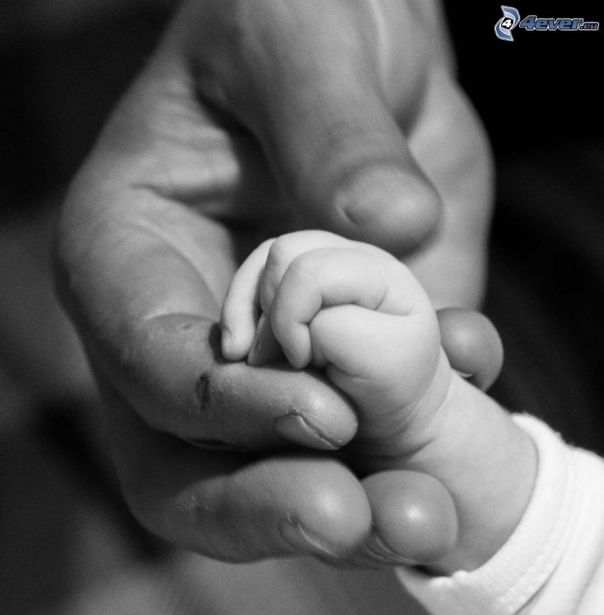 ręce, niemowlaki, czarno-białe zdjęcie