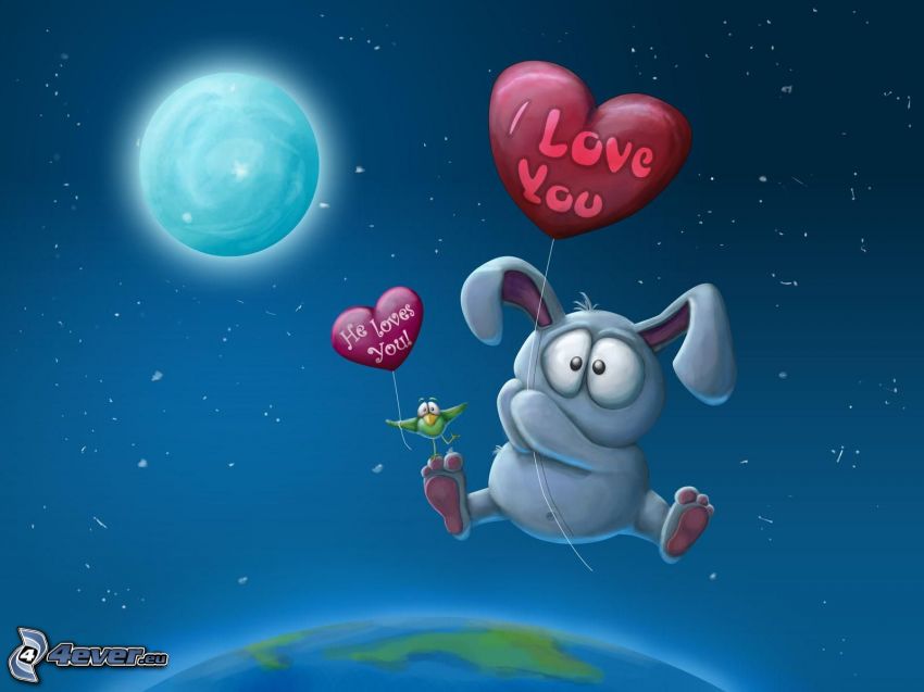 Kocham cię, I love you, królik rysunkowy, księżyc