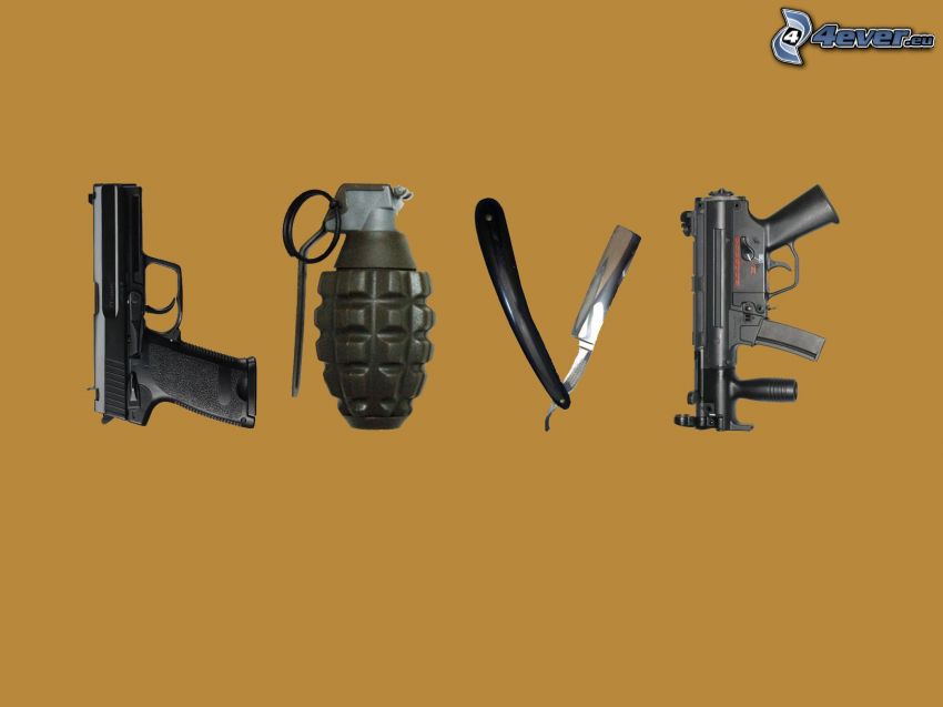 love, broń, granat ręczny, brzytwa