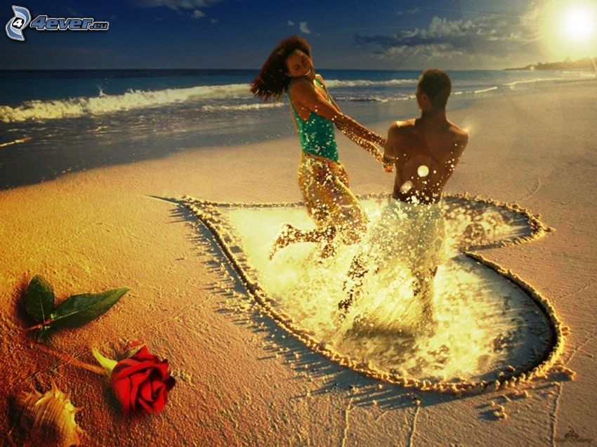 baraszkowanie na plaży, miłość, serduszko, róża