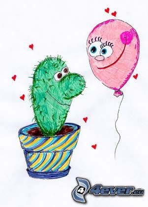 miłość, kaktus, balon