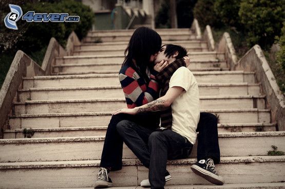 pocałunek, schody, miłość, emo