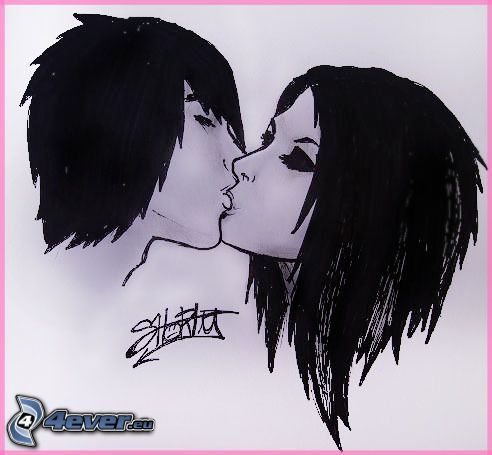 pocałunek rysunkowy, miłość, rysowana para