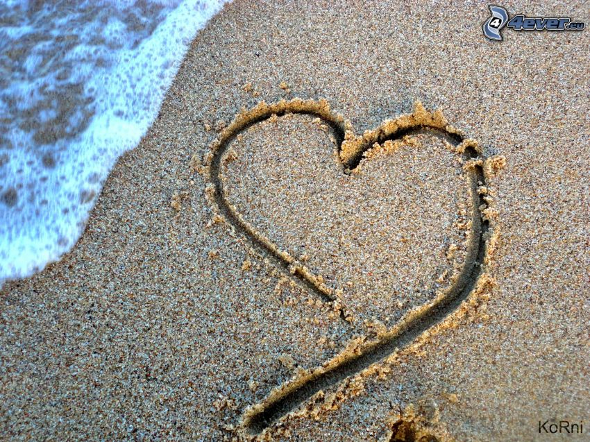 serce na piasku, plaża, woda