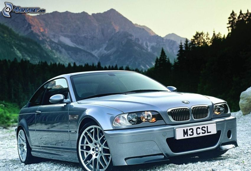 BMW M3, skaliste wzgórza, drzewa iglaste