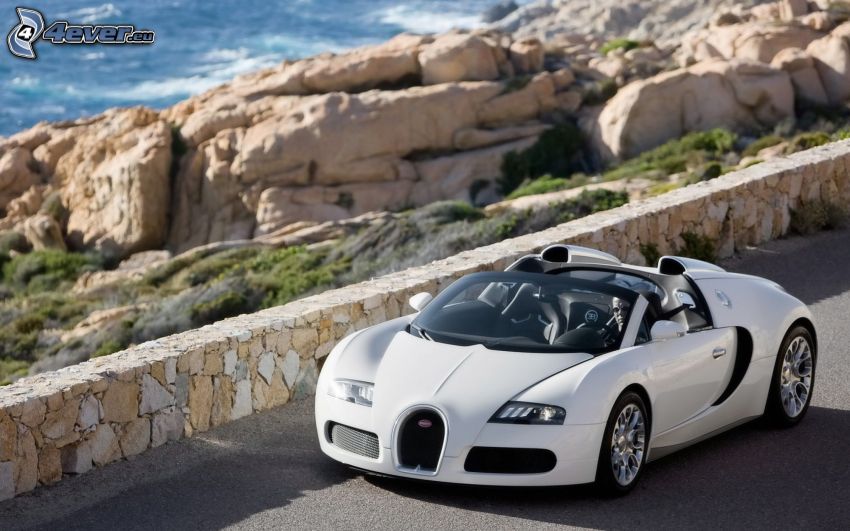Bugatti Veyron, kabriolet, skalisty brzeg, mur