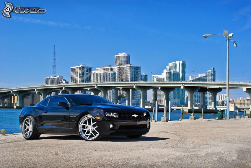 Chevrolet Camaro, most, wieżowce, niebieskie niebo