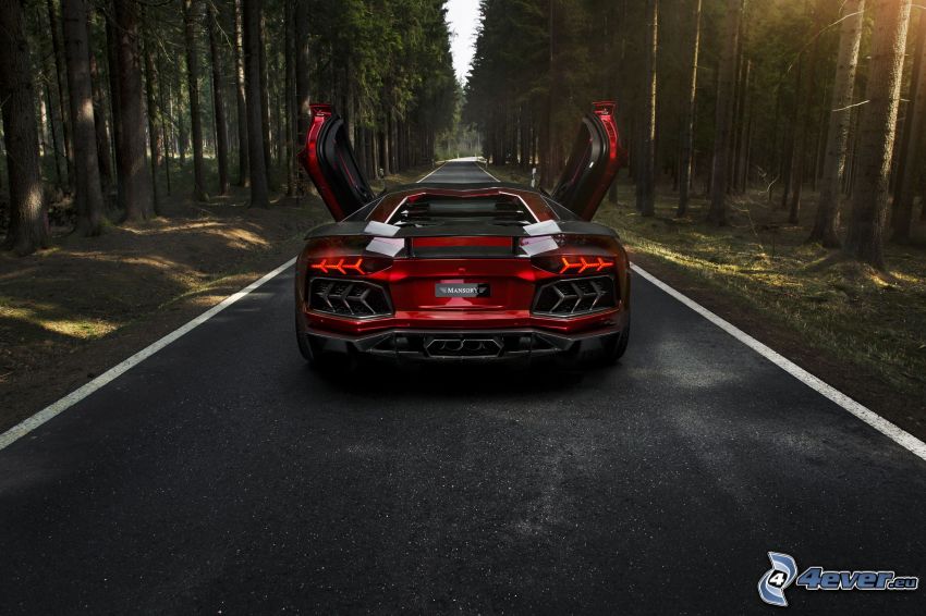 Lamborghini Aventador, Droga przez las, las, promienie słoneczne