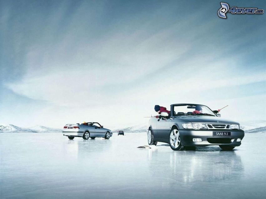 Saab, kabriolet, połów ryb, lód