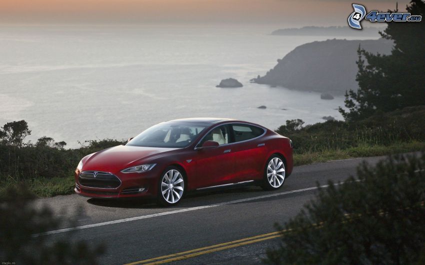 Tesla Model S, samochód elektryczny, widok na morze