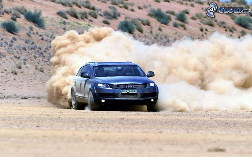 Audi Q7, pustynia, pył, dryfować