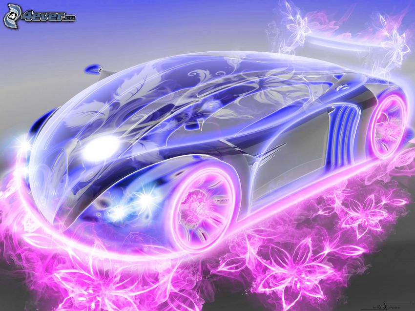 Bugatti EB110, neon, rysunkowe, kwiaty, rysowany samochód