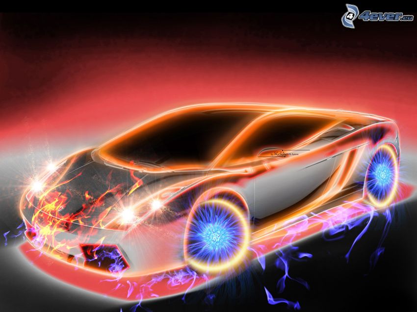 Lamborghini Gallardo, neon, ogień, woda, rysowany samochód