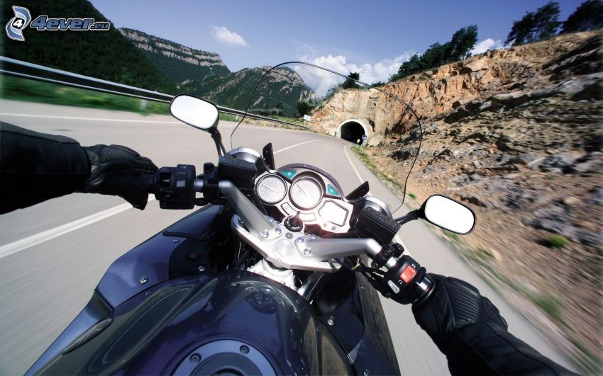 motocykl, ręce, tunel, skały