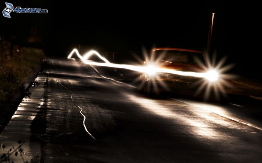 samochód, lightpainting, światła, noc, ulica