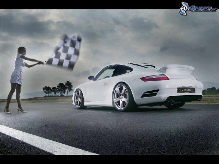 Porsche Carrera, wyścigi, kobieta, flaga