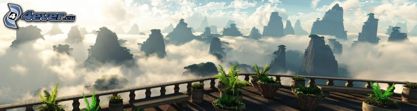 balkon, rośliny, góry skaliste, chmury