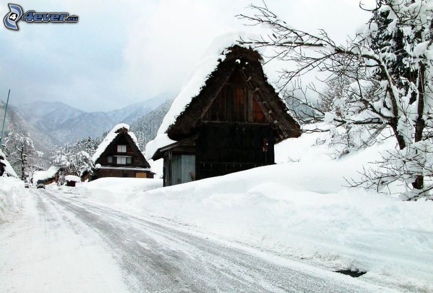 domki, ulica, śnieg