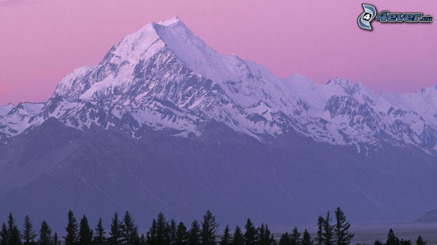 Góra Cooka, zaśnieżona góra, różowe niebo