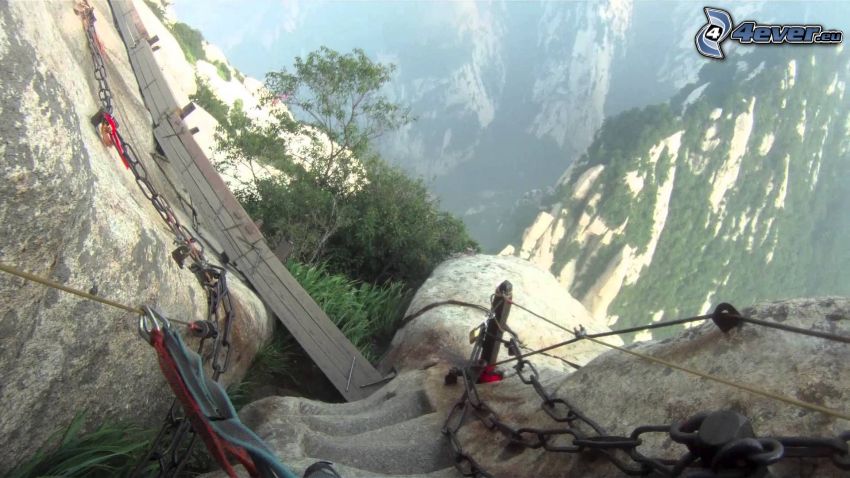 Mount Huang, łańcuchy, chodnik, niebezpieczeństwo, widok