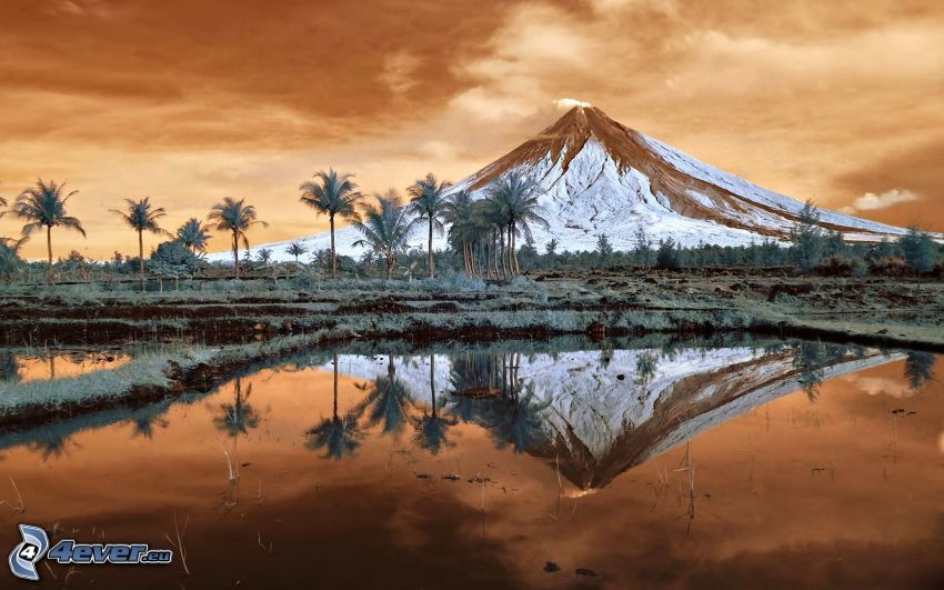 Mount Mayon, zaśnieżona góra, jezioro, palmy, Filipiny
