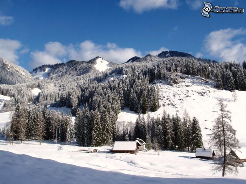 Totes Gebirge, śnieżny krajobraz, chatki