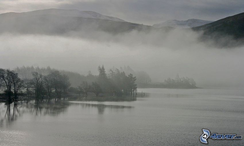 jezioro, las, mgła, pasmo górskie, czarno-białe zdjęcie