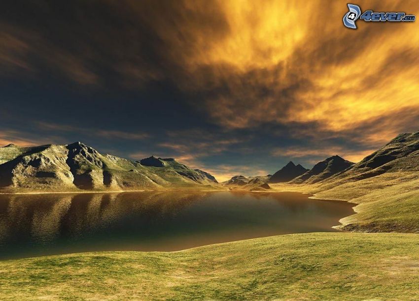 cyfrowy krajobraz, jezioro, chmury