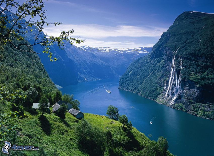 fiord, Norwegia, góry, domki