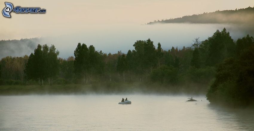 jezioro, łódź na jeziorze, ludzie, przyziemna mgła, drzewa