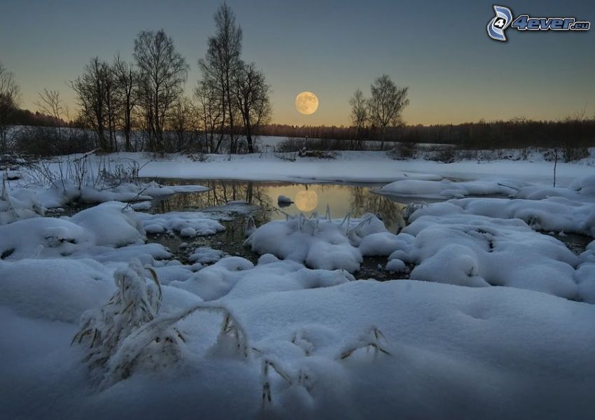 zimowy krajobraz, Księżyc, jezioro