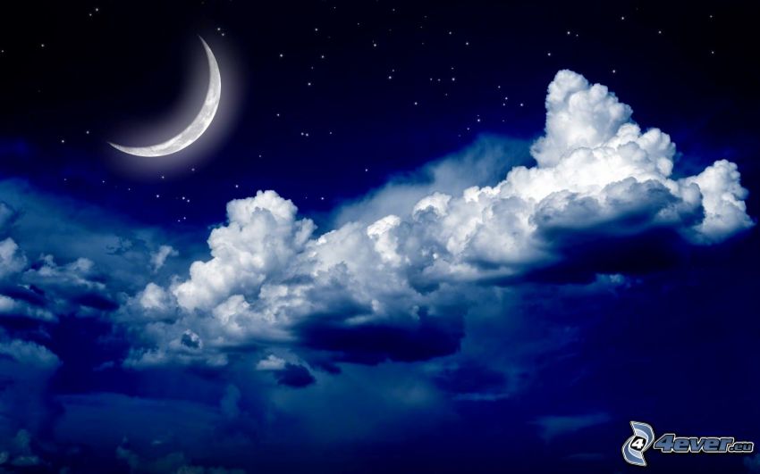 księżyc, ciemne chmury, gwiaździste niebo, noc