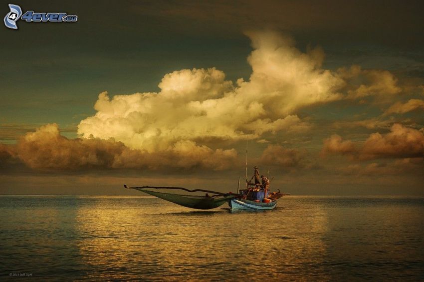 morze, łódka, ludzie, chmury