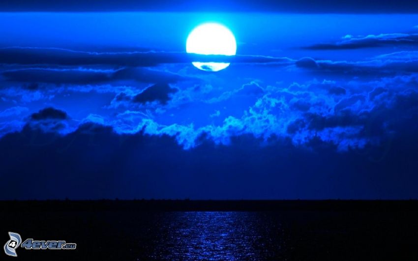 księżyc, chmury, jezioro