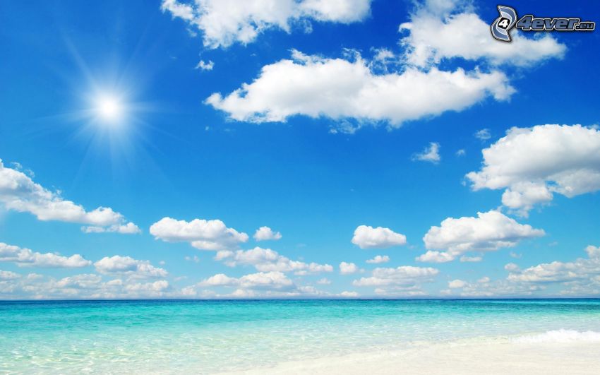morze, plaża, chmury, słońce