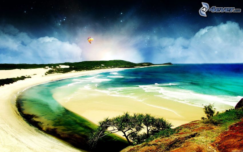 plaża piaszczysta, morze, wybrzeże, latający balon, chmury
