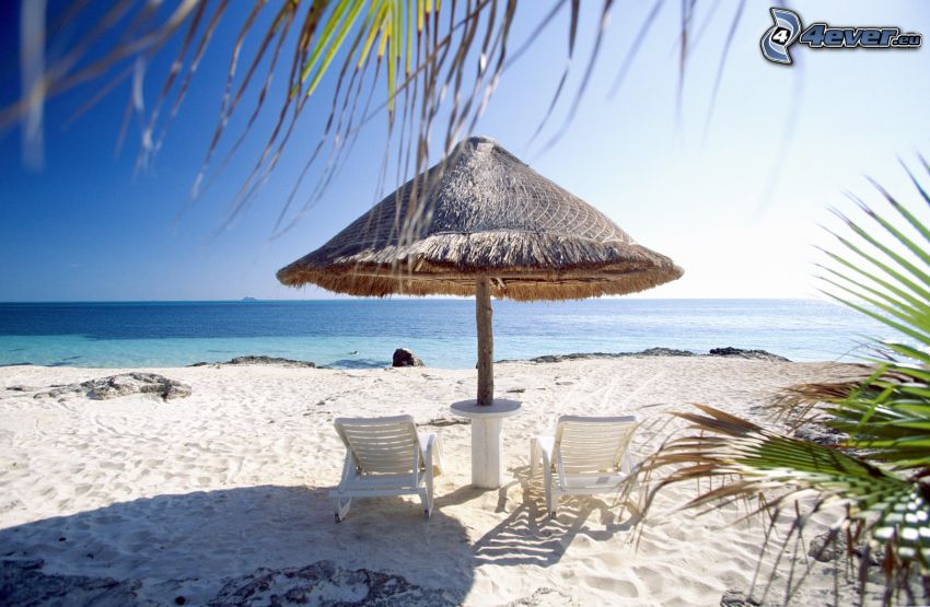 plaża piaszczysta, parasol przeciwsłoneczny, leżaki, morze