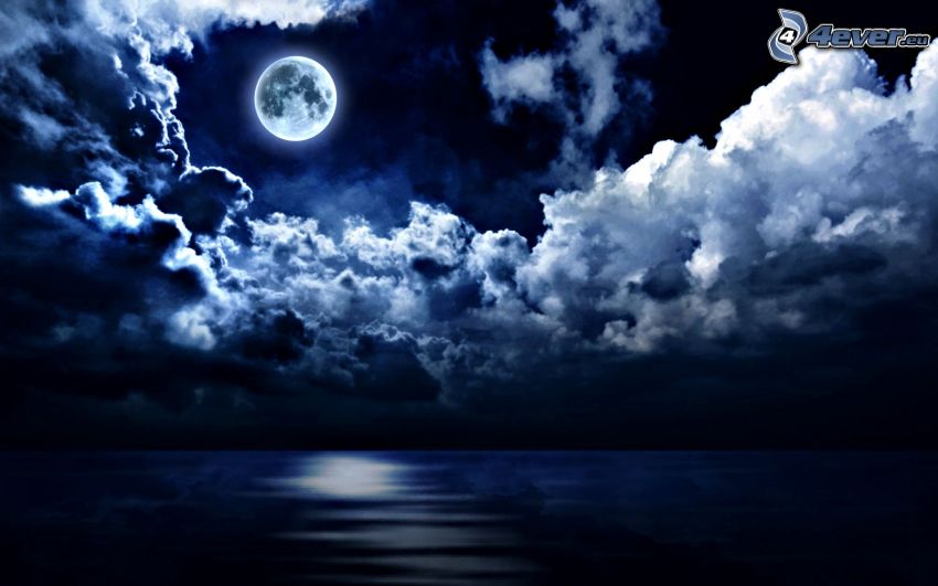 morze otwarte, księżyc, ciemne chmury, noc