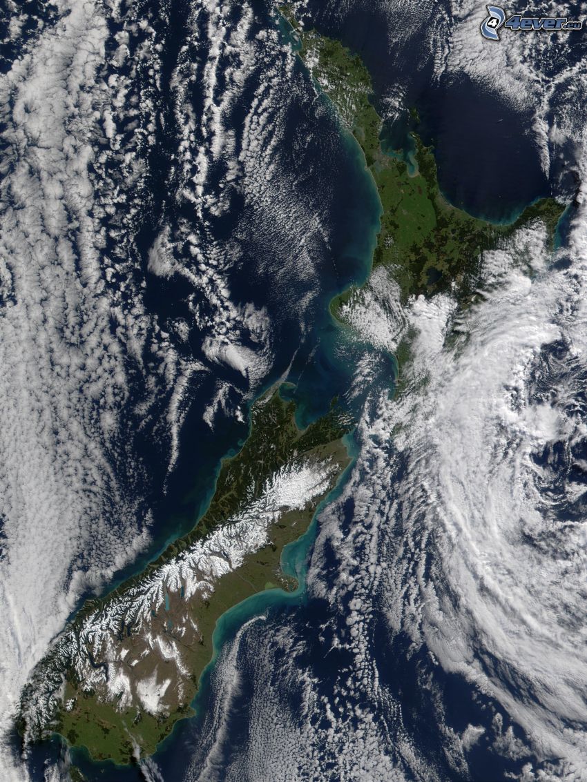 Nowa Zelandia, Zdjęcie satelitarne, Planeta Ziemia, chmury, ląd, morze
