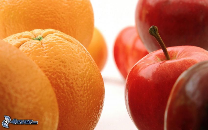 owoc, pomarańcze, czerwone jabłka