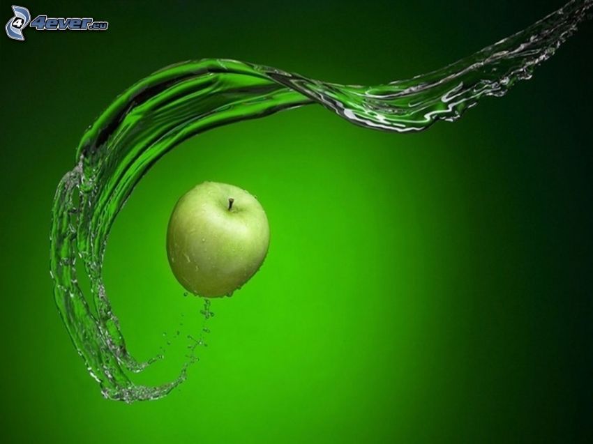 zielone jabłko, plusk, woda