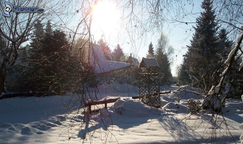 śnieżny krajobraz, drewniany płot